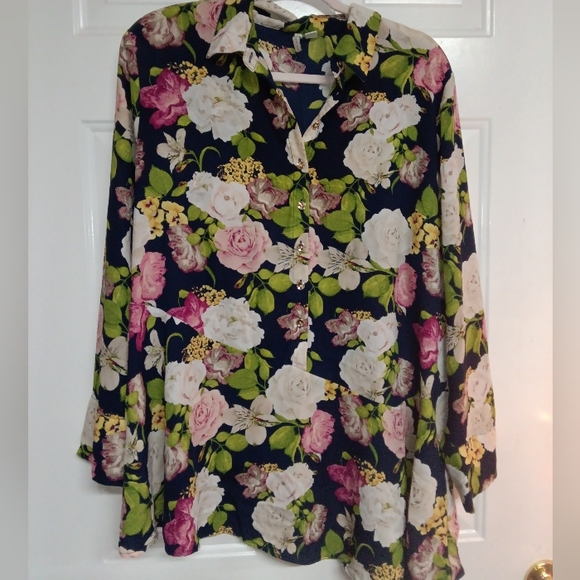 Cato Floral Button Down Shirt - Navy, Pink, Green - Picture 3 of 6